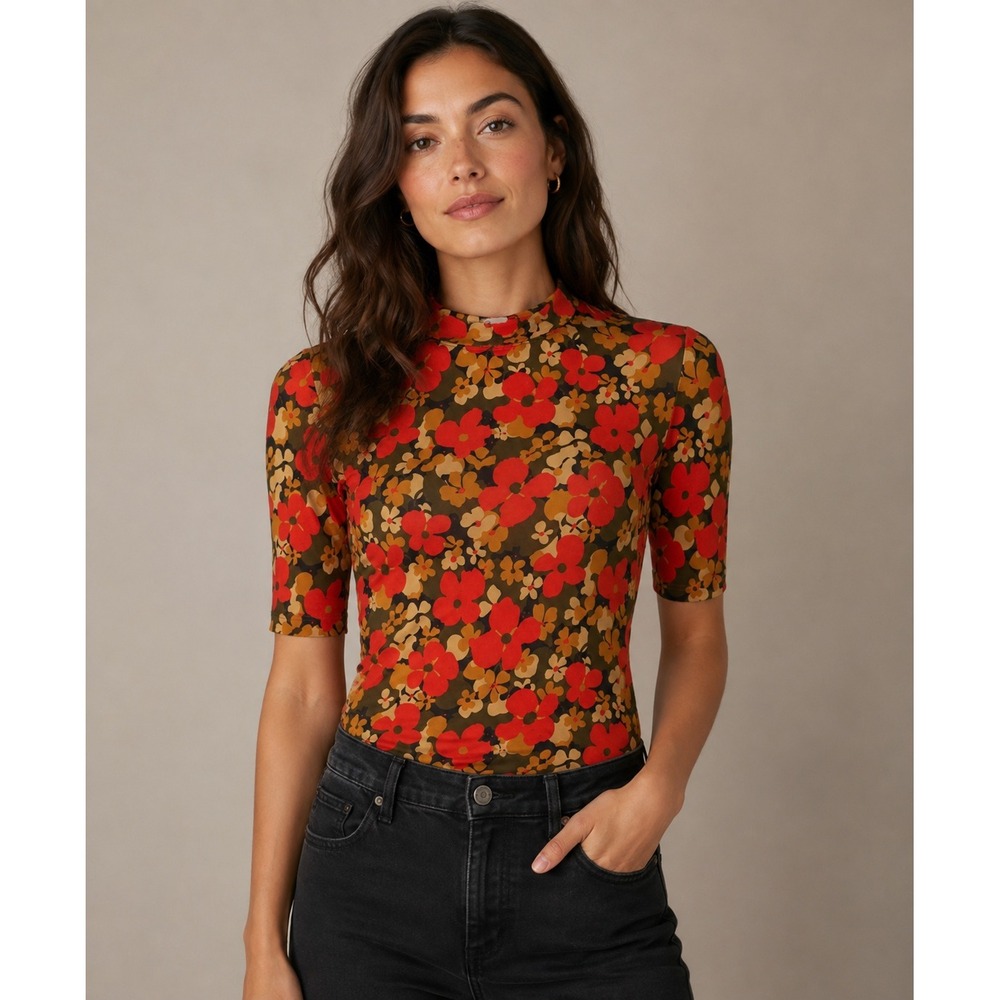Rosetta Getty Abstract Flowers Cropped Sleeve Tee Red Size Small 70s
